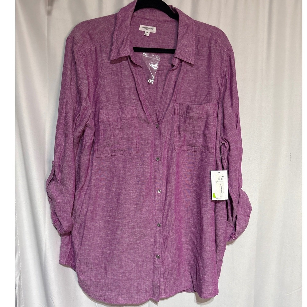 Westbound Woman Purple Linen Blend Roll Tab Button‎ Down Shirt Plus Size 2X NEW